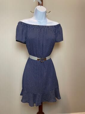 Express Off‑The‑Shoulder Mini Dress M Blue With White Polka Dots Short Sleeve